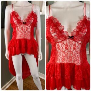 Vintage 80s Stroke of Midnight Sheer Lace Nylon High-Low Negligee Lingerie Large